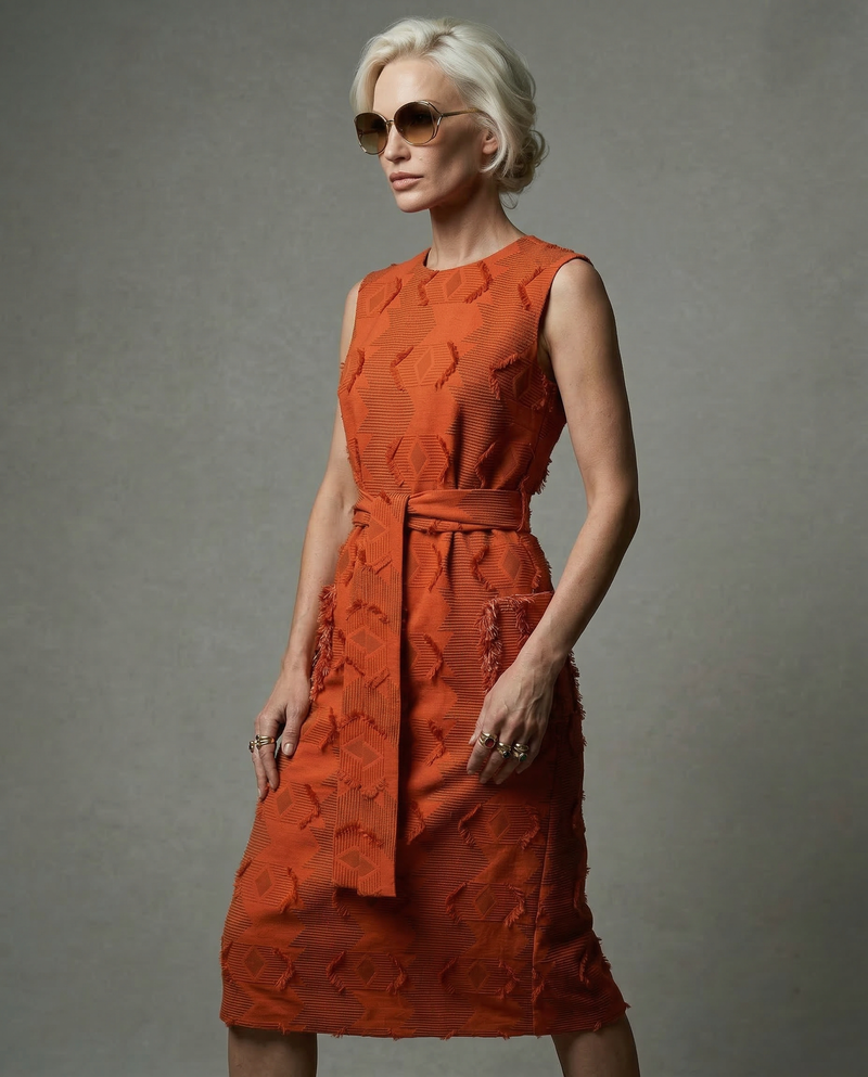 Belted Jacquard Midi Dress