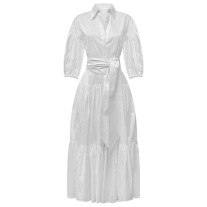 Belted Tiered Maxi Dress / WHITE